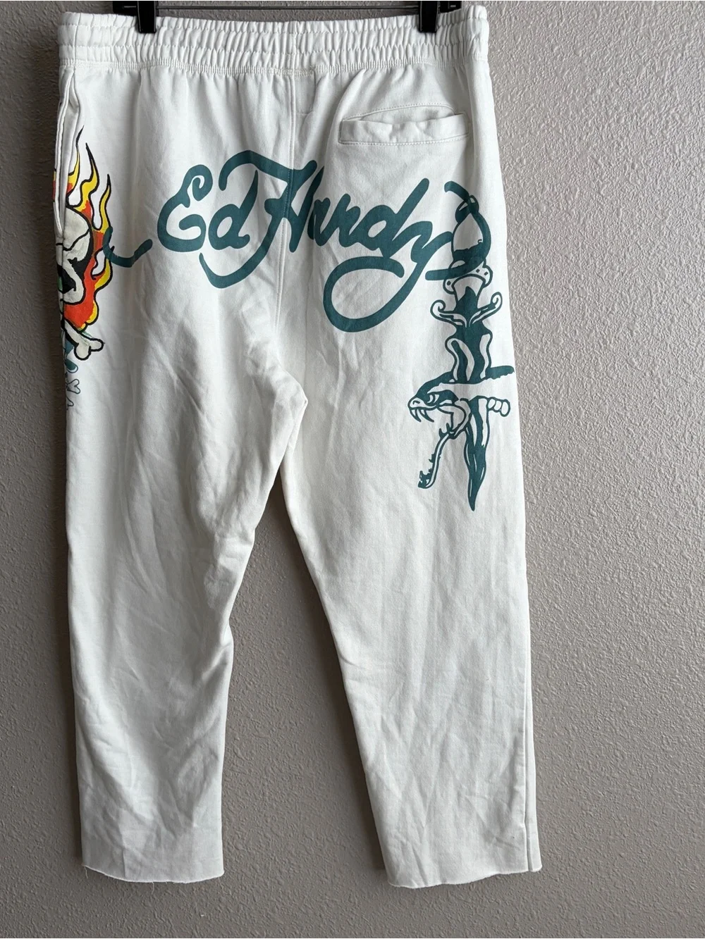 Ed Hardy White Skull Flame Tattoo Fleece Graphic Print Fleece Sweatpants